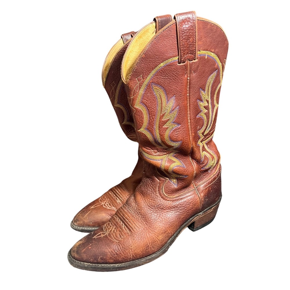 Justin Boots Vintage Cowboy Western Rodeo Brown Leather Boots Mens Size 9.5‎ D